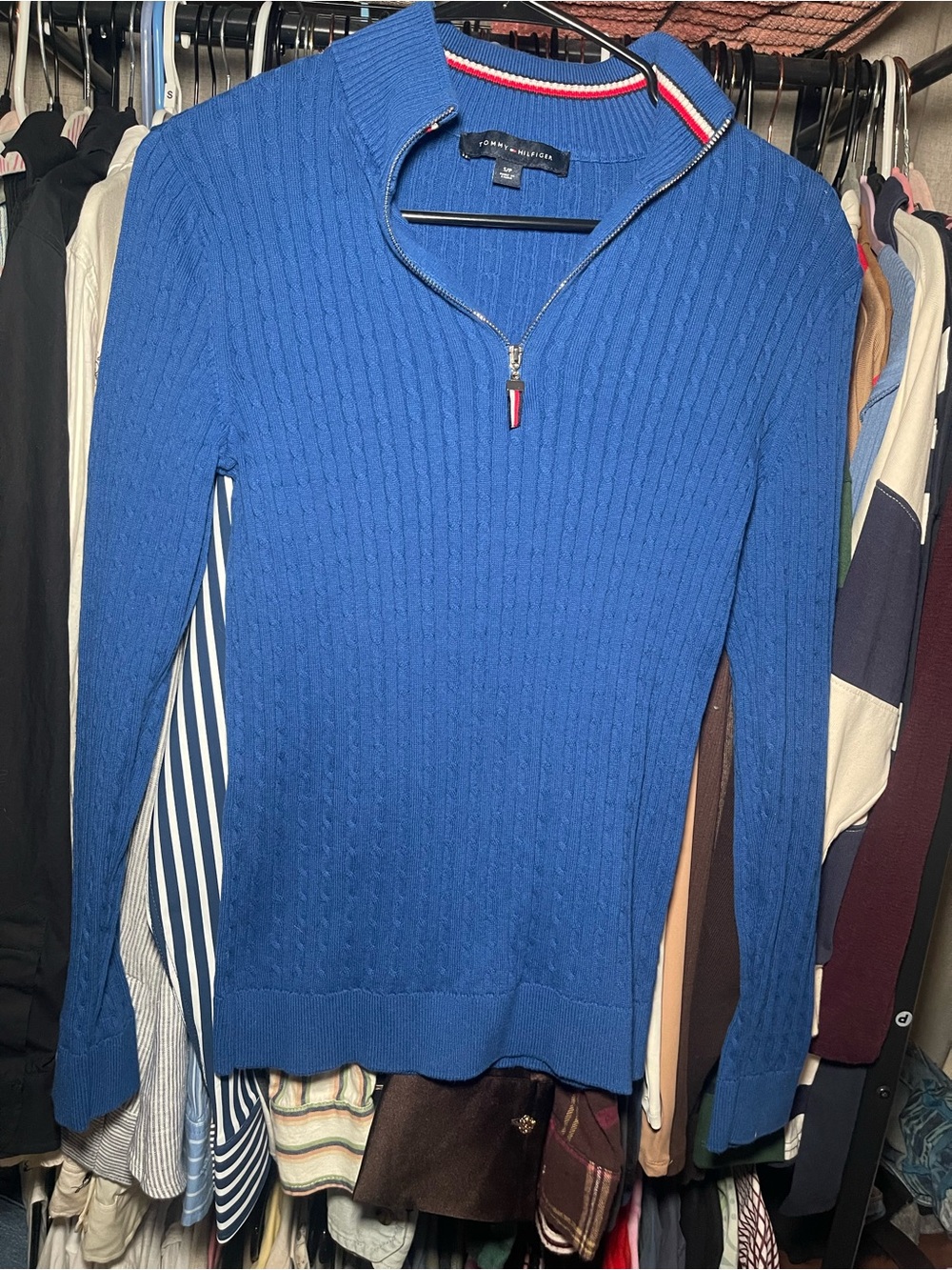 Tommy Hilfiger Blue Cable-Knit Quarter-Zip Turtleneck Sweater